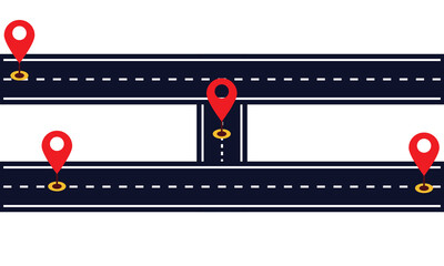 Road with location mark. Route infographic. Navigation path. Roadway traffic infographic. Vector icon current background. Vector illustration. EPS 10