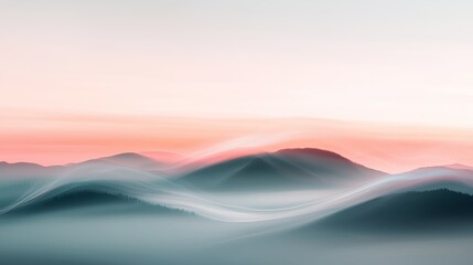 Soft pastel hues blend across misty mountain ridges during sunrise, creating a tranquil morning landscape