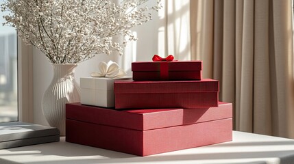 A stack luxurious gift boxes wrapped red or white wrapping paper white studio background showcasing premium holiday gifting elegant packaging designs festive season