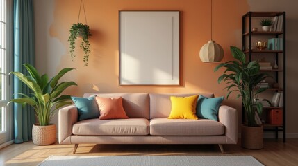 Modern Colorful Living Room with Boucle Sofa, Plants and Stylish Decor