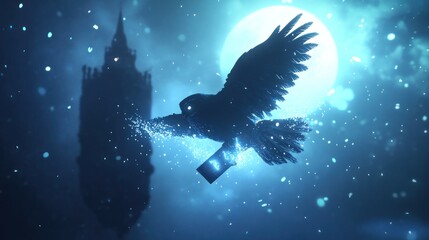 Night owl delivering glowing message near a castle under a full moon.