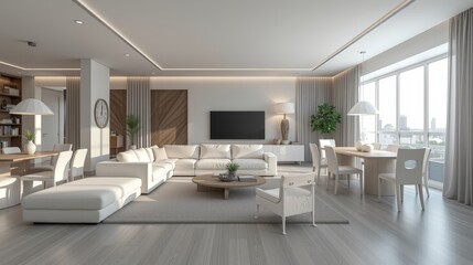 Panoramic View of Modern Minimalist White Apartment Interior Design with Natural Light