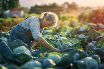 Fototapeta premium Woman harvesting large cabbages in a field, rustic and natural setting, warm natural lighting.