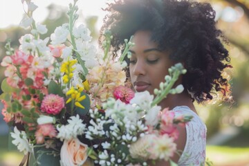 Naklejka premium Woman holding a large bouquet, which may be a sign of appreciation or celebration, natural soft light.