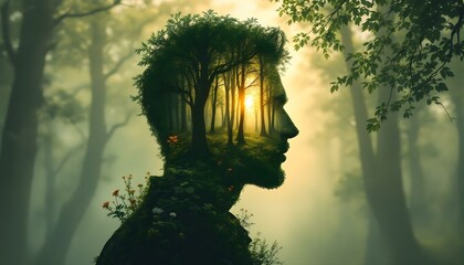 silhouette of a person in the forest, Double Exposure Artistic vibe