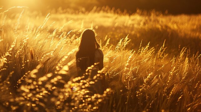 Woman in nature amidst a waving golden field, reflecting freedom and unity with nature, golden hour lighting.