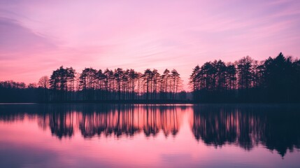 Fototapeta premium Pink sunset reflecting on calm lake with silhouetted trees.