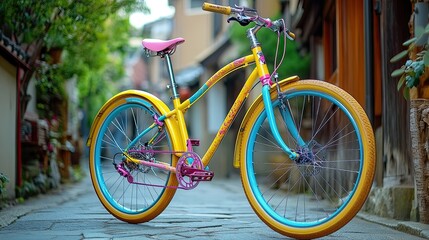 A yellow blue bicycle pink accents showcasing vibrant colorful design bicycle highlighting modern fun fashionable transportation active lifestyles eco-friendly commuting