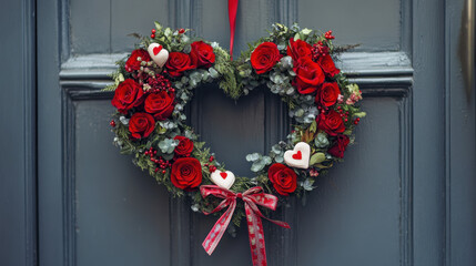 Beautiful Heart-Shaped Wreath Made of Red Roses, Greenery, and Heart Decor, Perfect for Valentine’s Day or Romantic Home Decor on a Door