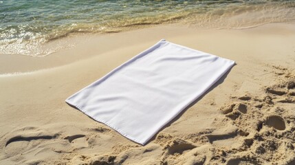 White beach towel on sandy shore near ocean waves.
