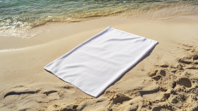White beach towel on sandy shore near ocean waves. - Powered by Adobe