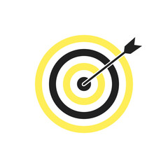 Yellow and black bullseye dart target icon. Dart target goal marketing sign. Arrow dart logo vector. Winner dart sign.