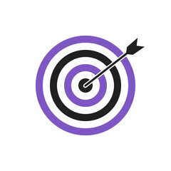 Purple and black bullseye dart target icon. Dart target goal marketing sign. Arrow dart logo vector. Winner dart sign.