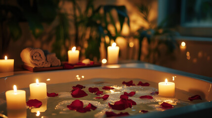 Serene Evening Bath Setting with Candlelight and Rose Petals Creating a Relaxing Atmosphere for Self-Care and Pampering