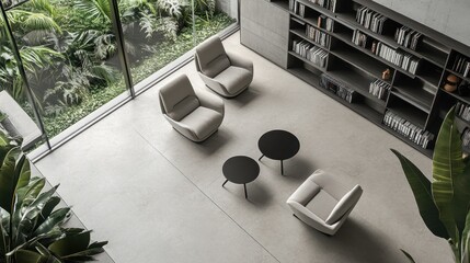 Overhead view of modern living room with beige armchairs, coffee tables, and built-in bookcase.