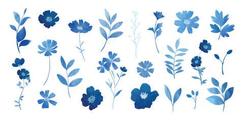 Fototapeta premium Collection of blue indigo watercolor flower elements vector. Set floral of wildflower, leaf branch, foliage. Hand drawn blossom illustration for decor, wedding card, clipart.