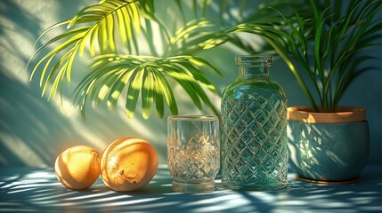 Fototapeta premium A serene still life with glassware, fruit, and greenery.
