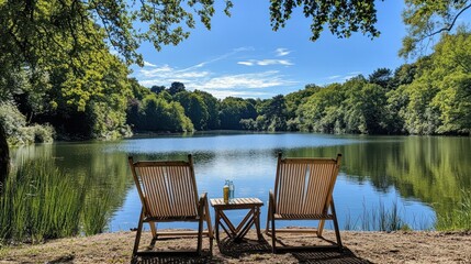 Fototapeta premium Two wooden beach chairs on lake shore, tranquil landscape, sunny day.