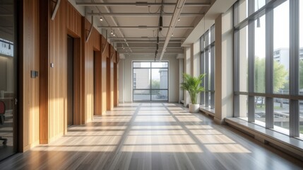 Spacious Modern Office Interior Featuring Wooden Panels and Large Windows