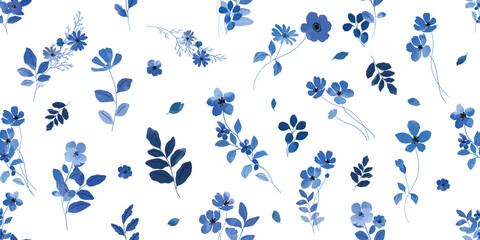 Blue indigo watercolor flower pattern seamless background vector. Watercolor hand painted botanical floral, daisy, wildflower, eucalyptus leaves. Design for wallpaper, banner, print, website.