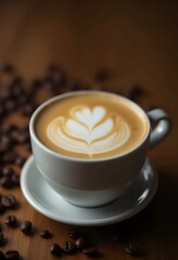 Latte Art Coffee with Beans on Wooden Table
