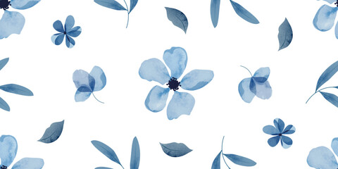 Blue indigo watercolor flower pattern seamless background vector. Watercolor hand painted botanical floral, daisy, wildflower, eucalyptus leaves. Design for wallpaper, banner, print, website.