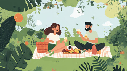 Enjoying a Romantic Picnic in a Vibrant Nature Setting with Fresh Fruits, Snacks, and Refreshing Beverages Under a Canopy of Lush Greenery