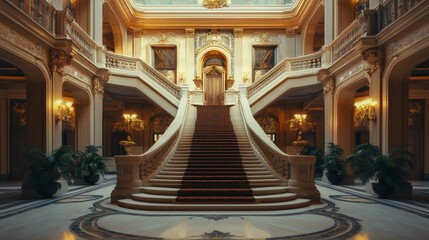 Obraz premium Opulent Staircase in Grand Building with Golden Details and Sunlight Streaming Through Windows