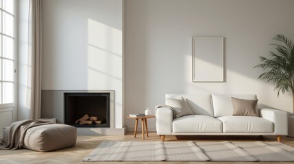 Minimalist Living Room with White Sofa, Pouf, and Side Table near Fireplace