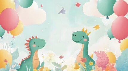 Two cute dinosaurs celebrating with balloons in a garden.