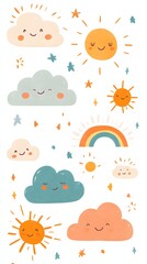 Cute cartoon suns, clouds, rainbows, and stars.