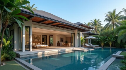 Fototapeta premium Tropical Pool Villa with Lush Garden and Modern Interior Design