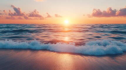 Fototapeta premium Gorgeous Sunset Over Calm Beach with Golden Sky and Ocean Waves
