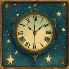 Vintage clock striking midnight with celestial motifs