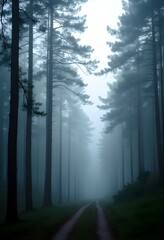 Misty Forest Path Eerie Atmospheric Woodland Scene