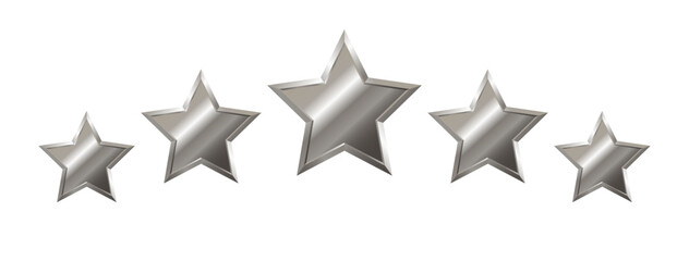 Isolated 5 shiny silver star with metallic effect. Five elements different size for medal, award, rating designation, hotels status on transparent background, customer feedback, review. Vector EPS10