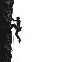 Fototapeta premium A Daring Rock Climber Ascends a Steep Rocky Cliff Face Against a Bright White Background, Showcasing Adventure and Determination in Extreme Sports