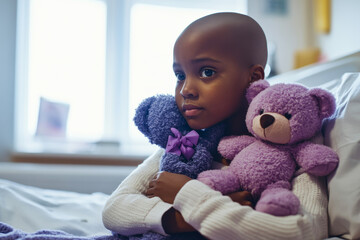 African American Child sick with cancer holding purple teddy bear while sitting on hospital bed in a room. World Cancer Day concept