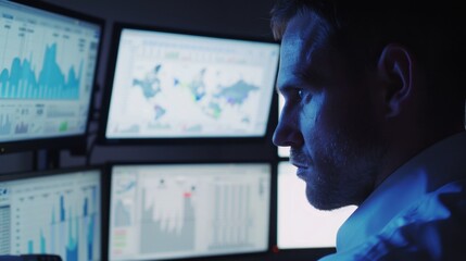 A businessman analyzing complex financial data on multiple screens, showing focus and expertise. Bright, professional lighting.