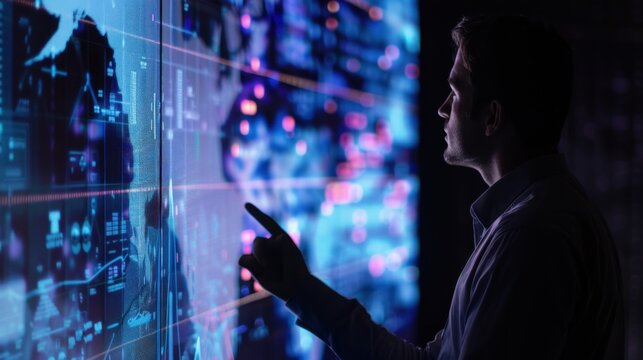 A businessman analyzing data on an interactive digital wall, showing modern technology in use. Bright, professional lighting.