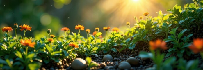 Young plant growing in the morning light and green nature - forest or park bokeh background , new life growth ecology business financial concept ,Earth Day. selective focus