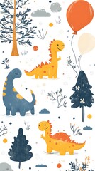 Cute dinosaurs in a whimsical forest scene with balloons.