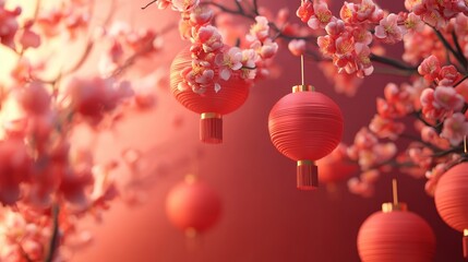 Traditional Chinese New Year Celebration with Red Lanterns Festive Decorations in Warm Glow