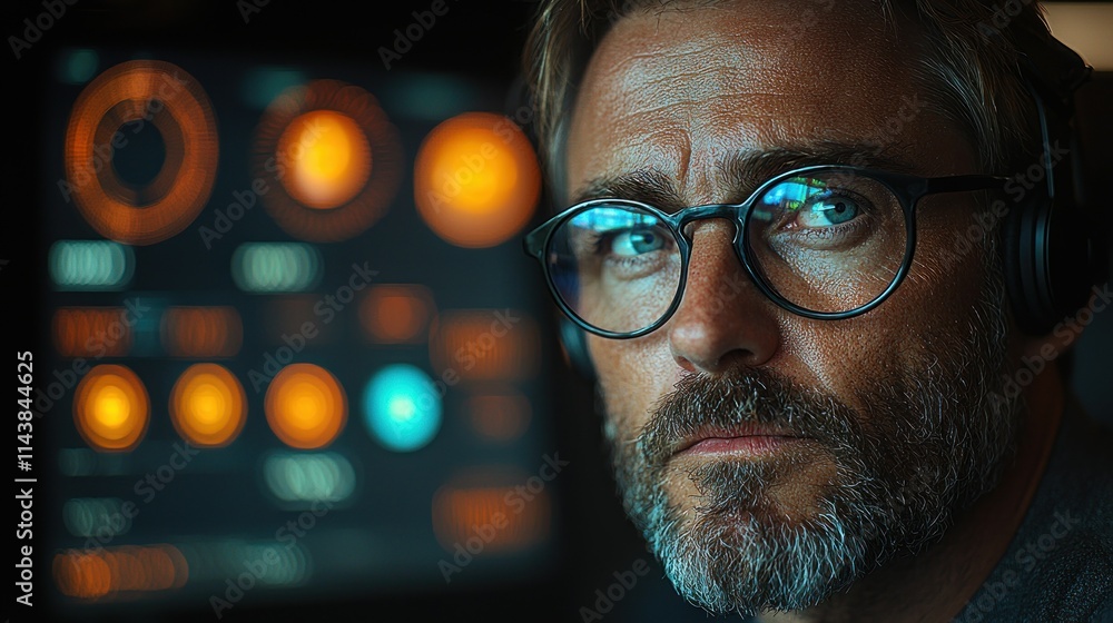 Poster a focused individual in front of a digital interface.