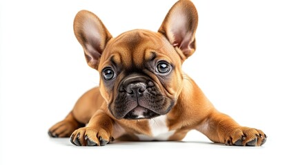 Obraz premium Cute French Bulldog Puppy Laying Down on White Background Looking Relaxed Adorable Capturing Playful Sweet Charm