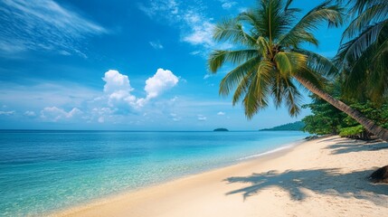 tropical beach with palm trees and sea horizon views, copyspace
