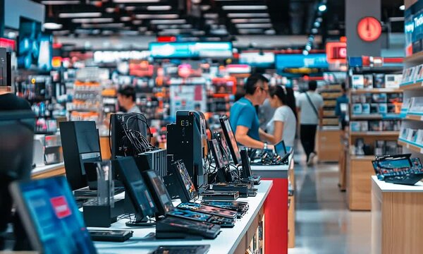 A busy electronics store filled with customers browsing various devices and gadgets.