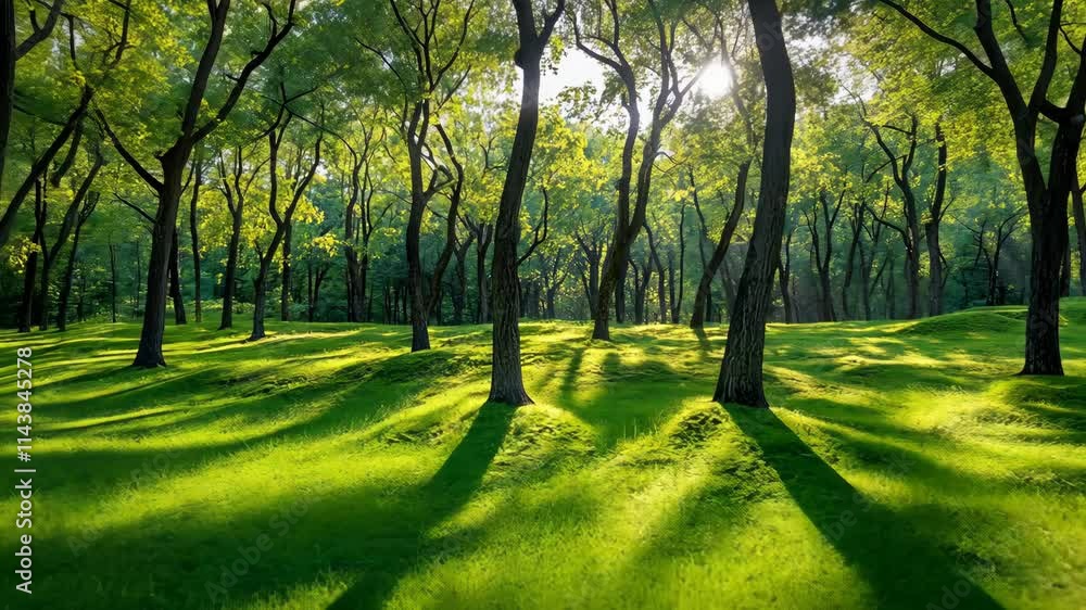 Poster sunlight filters through trees in a lush green forest creating long shadows on the grass