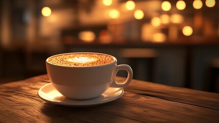 Cup of Cappuccino on Wooden Table with Warm Bokeh Lights Creating a Cozy Inviting Atmosphere