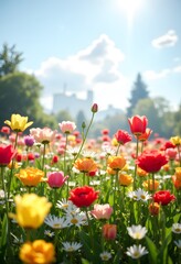 Fototapeta premium Vibrant Flower Meadow Under Sunny Sky